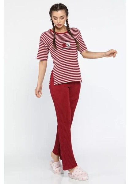 Kısa Kollu Ince Triko Desenli Kadın Pijama Takımı