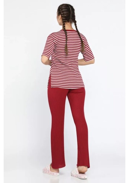 Kısa Kollu Ince Triko Desenli Kadın Pijama Takımı