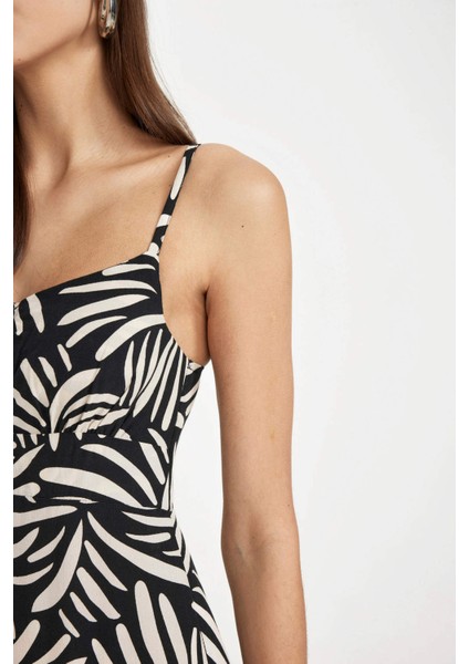 V Yaka Tropikal Desenli Maroken Askılı Maxi Elbise A9178AX24SM fırsatları