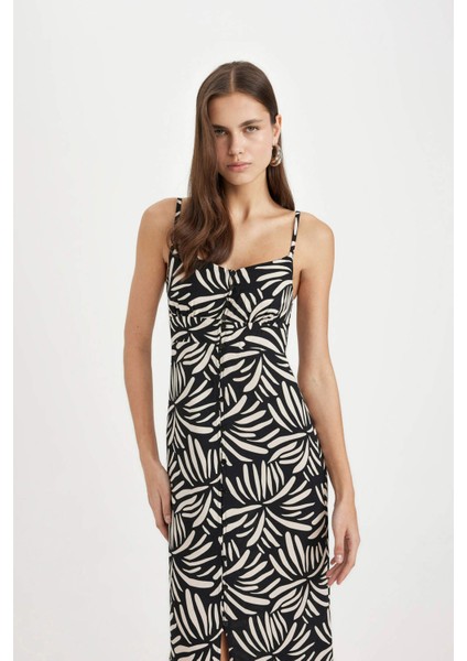 V Yaka Tropikal Desenli Maroken Askılı Maxi Elbise A9178AX24SM