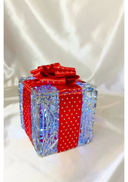 Yılbaşı Ağacı Noel LED Işıklı Hediye Kutusu Paketi Yılbaşı Gümüş 10*10*10