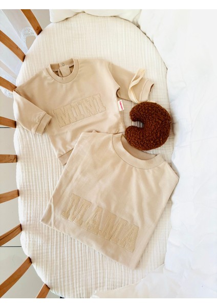 Mama & Mini Nakışlı Sweatshirt Takım - Krem