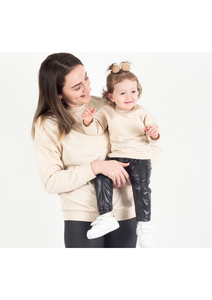 Mama & Mini Nakışlı Sweatshirt Takım - Krem