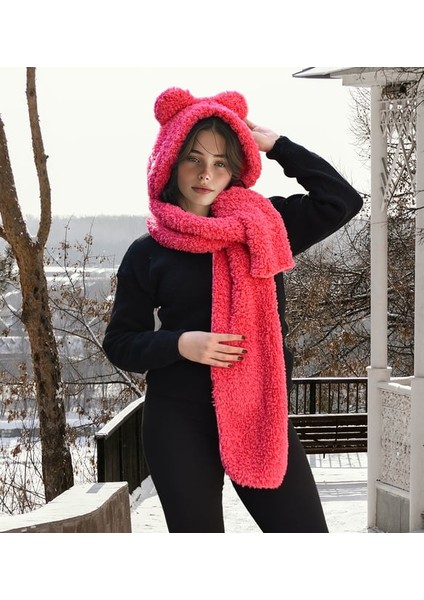Pandamkee Kapşonlu Welsoft Peluş Bere - Atkılı - Polar Boyunluk Şalı - Rüzgar Geçirmez Kulaklı