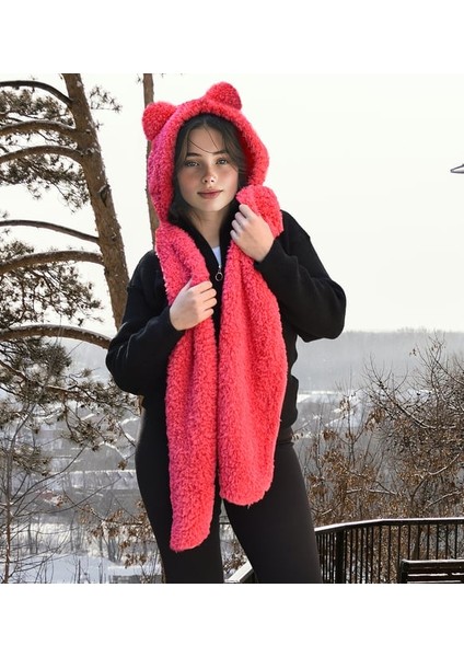 Pandamkee Kapşonlu Welsoft Peluş Bere - Atkılı - Polar Boyunluk Şalı - Rüzgar Geçirmez Kulaklı