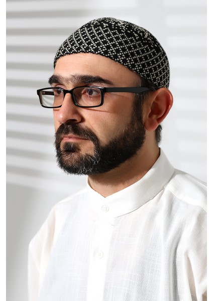 Kışlık Karyağdı Desenli Orlon Takke Siyah-Bej