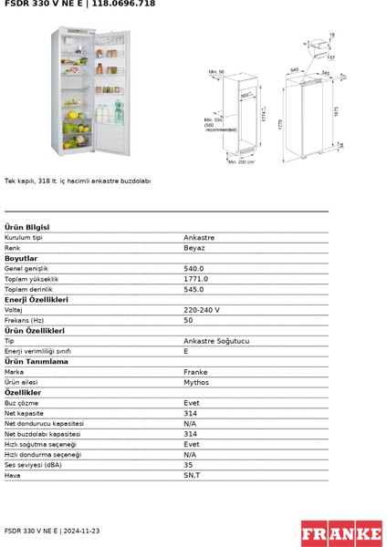 Fsdr 330 V Ne E Enerji Sınıfı 314 lt Buzdolabı