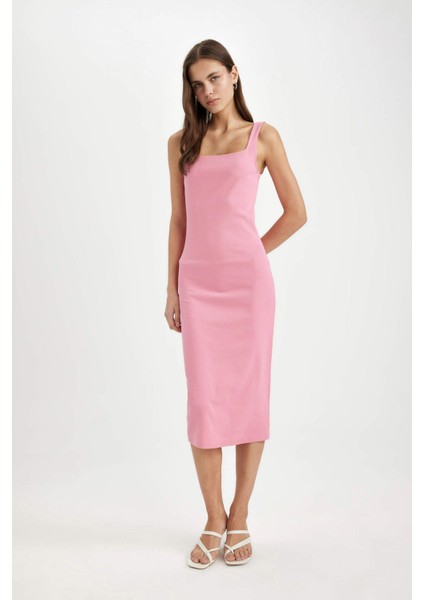 Bodycon Vücuda Oturan Basic Düz Kare Yaka Fitilli Kaşkorse Kolsuz Midi Elbise Z7577AZ24SM