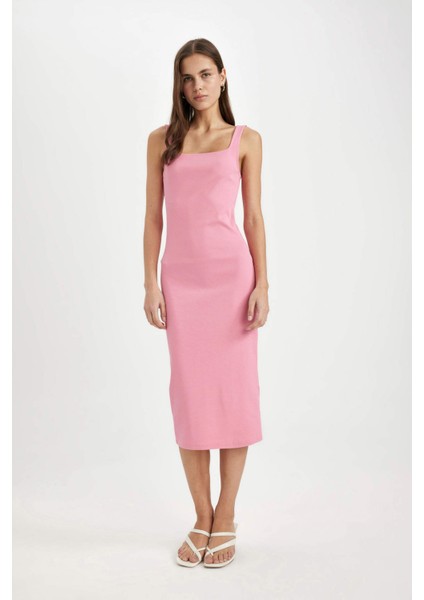 Bodycon Vücuda Oturan Basic Düz Kare Yaka Fitilli Kaşkorse Kolsuz Midi Elbise Z7577AZ24SM