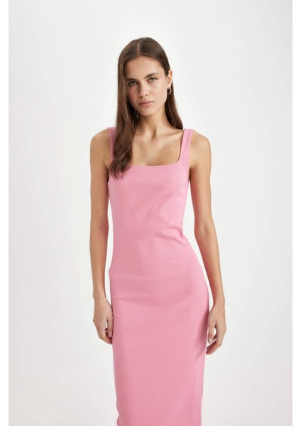 Bodycon Vücuda Oturan Basic Düz Kare Yaka Fitilli Kaşkorse Kolsuz Midi Elbise Z7577AZ24SM