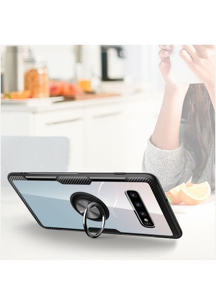 Samsung Galaxy S10 Kılıf Yüzüklü Silikon Kenarlı Kılıf Kırmızı