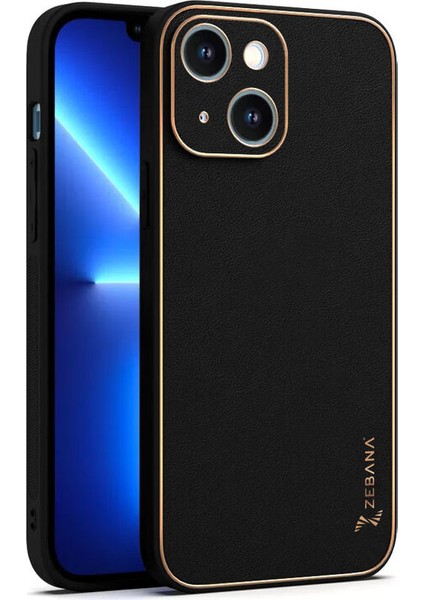 Apple iPhone 14 Plus Kılıf Zebana Gold Design Deri Kılıf Siyah