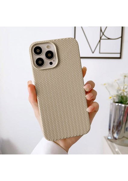 Apple iPhone 14 Pro Max Uyumlu Kılıf Zebana Woven Silikon Kılıf Krem Rengi