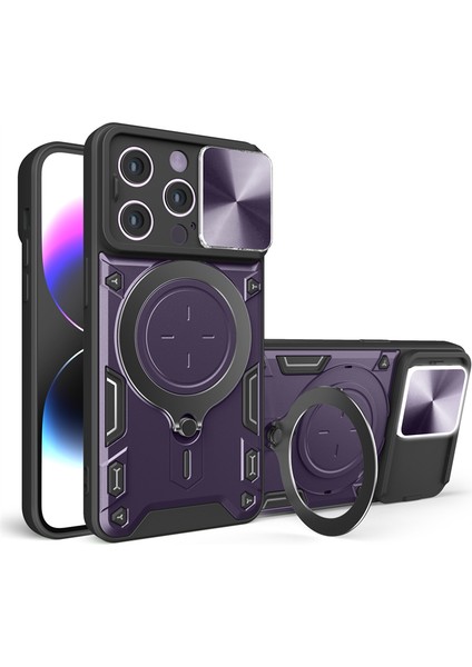 Apple iPhone 13 Pro Uyumlu Kılıf Zebana Manyetik Standlı Armor Silikon Kılıf Derin Mor