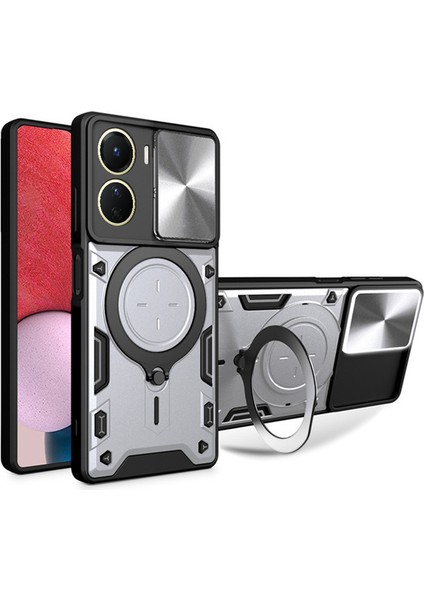 Vivo Y16 Uyumlu Kılıf Zebana Manyetik Standlı Armor Silikon Kılıf Gri