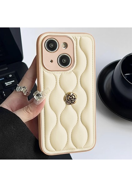 Apple iPhone 15 Plus Uyumlu Kılıf Zebana Camellia Deri Kılıf Bej