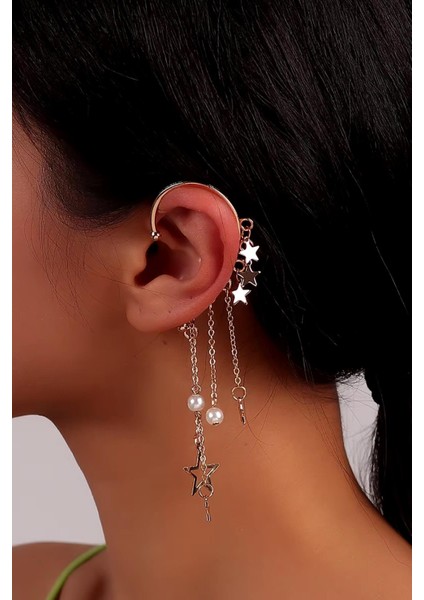 Yıldız Detaylı Kulak Deliği Gerektirmeyen Gümüş Renkli Ear Cuff - Kıkırdak Küpesi fiyatları