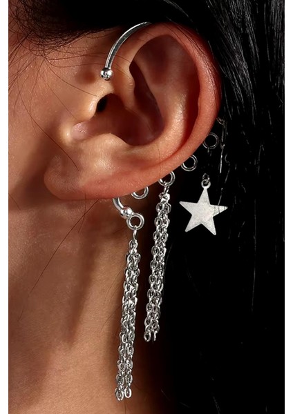 Gümüş Yıldız Detaylı Kulak Deliği Gerektirmeyen Renkli Ear Cuff - Kıkırdak Küpesi fiyatları