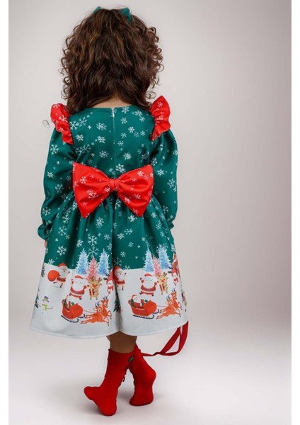 Kız Çocuk Omuzları Fırfırlı Geyik ve Kar Tanesi Baskılı Yeşil Noel Elbise fiyatları