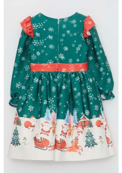 Kız Çocuk Omuzları Fırfırlı Geyik ve Kar Tanesi Baskılı Yeşil Noel Elbise fırsatları