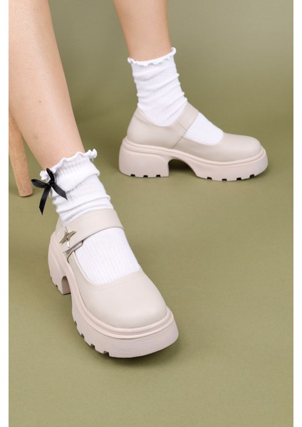 Horana Kadın Kalın Tabanlı Bej Babet Ayakkabı