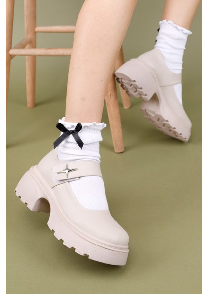 Horana Kadın Kalın Tabanlı Bej Babet Ayakkabı modelleri