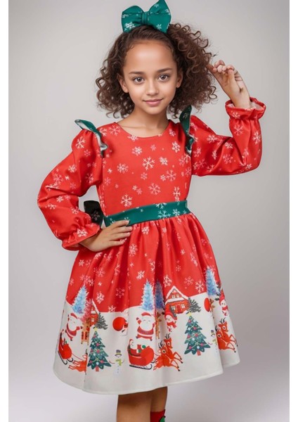 Kız Çocuk Omuzları Fırfırlı Geyik ve Kar Tanesi Baskılı Kırmızı Noel Elbise