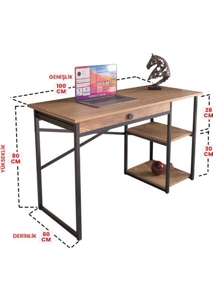 110X60 cm Çekmeceli ve 2 Raflı Ceviz Çalışma Masası modelleri