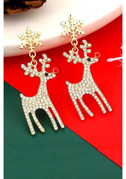 Yılbaşı Serisi Lüks Kristal Taşlı Geyik Küpe