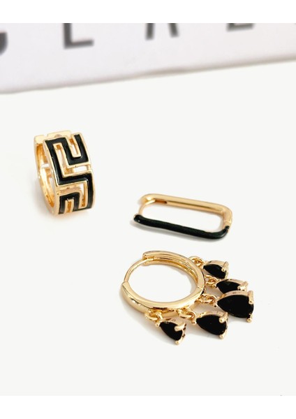 3 Adet Siyah Mineli Gold Halka Küpe Seti