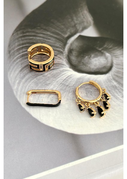 3 Adet Siyah Mineli Gold Halka Küpe Seti fiyatları