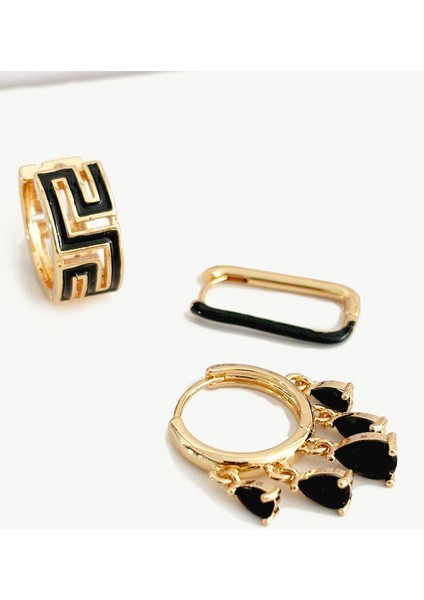 3 Adet Siyah Mineli Gold Halka Küpe Seti modelleri