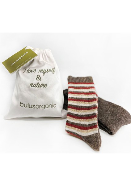 2'li Çocuk Kahve-Çizgili Kışlık Kalın Organik Yün Soket Çorap