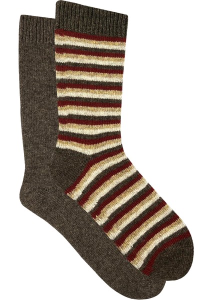 2'li Çocuk Kahve-Çizgili Kışlık Kalın Organik Yün Soket Çorap fiyatları