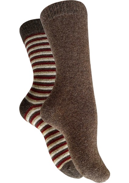 2'li Çocuk Kahve-Çizgili Kışlık Kalın Organik Yün Soket Çorap modelleri