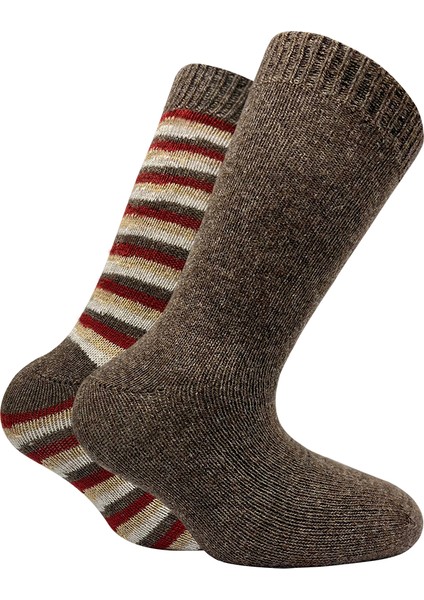 2'li Çocuk Kahve-Çizgili Kışlık Kalın Organik Yün Soket Çorap fırsatları