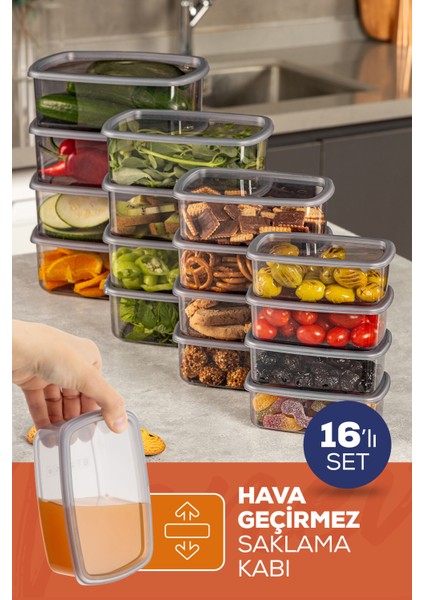 16LI Hava Geçirmez Saklama Kabı Seti Antrasit 4X(250-500-750-1200 Ml)