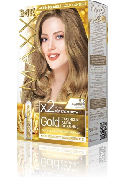 Golden Beauty 24K Altın Içerikli Saç Boyası Seti - Kalıcı 8.3, Bal Köpüğü 50MLX2