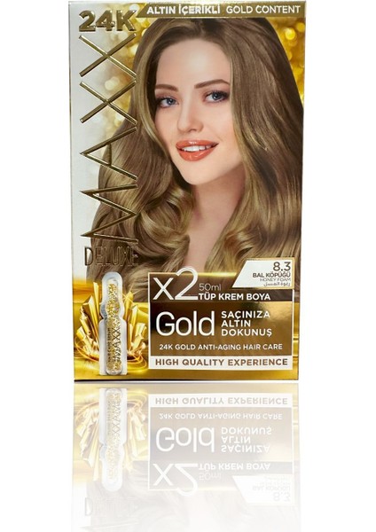 Golden Beauty 24K Altın Içerikli Saç Boyası Seti - Kalıcı 8.3, Bal Köpüğü 50MLX2