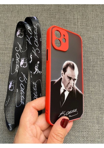 iPhone 12 Uyumlu Mustafa Kemal Atatürk Tasarım Telefon Boyun Askılı Set Kılıf