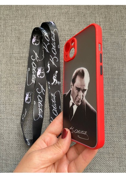 iPhone 13 Uyumlu Mustafa Kemal Atatürk Tasarım Telefon Boyun Askılı Set Kılıf