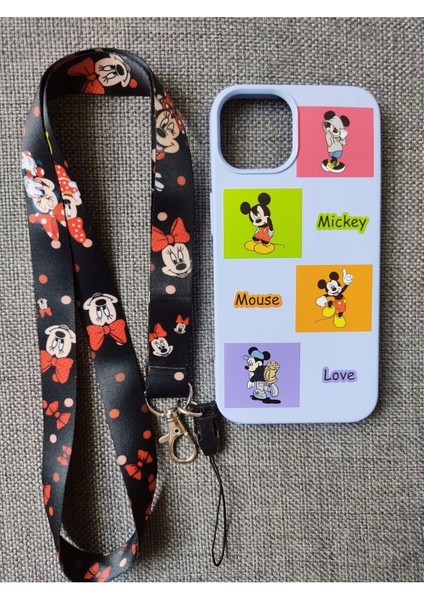 iPhone 14 Pro Uyumlu Mickey Mouse Tasarım Telefon Boyun Askılı Set Kılıf