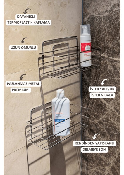 Yapışkanlı Banyo Düzenleyici Ömür Boyu Paslanmaz Şampuanlık Duş Rafı 2 Adet modelleri