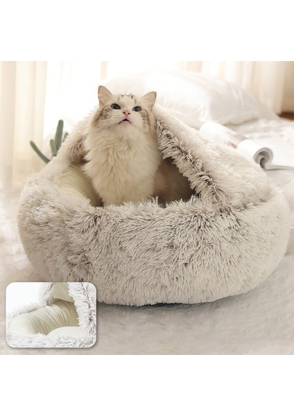 Kahve Stili 35X35CM Kedi Yatağı Peluş Yuvarlak Sıcak ve Rahat Kedi Evi Uzun Tüylü Derin Uyku Kedi Yatağı 2'ü 1 Arada Kaymaz Pet Malzemeleri (Yurt Dışından)