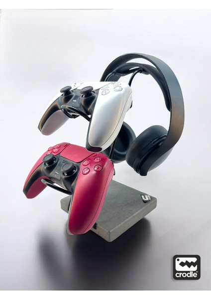 Gri Granit Ahşap Ve Siyah Metal Gaming Ps4 Ps5 Xbox Joystick Controller Tutucu Ve Kulaklık Dikey Standı
