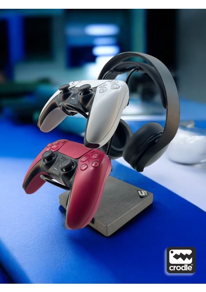Gri Granit Ahşap Ve Siyah Metal Gaming Ps4 Ps5 Xbox Joystick Controller Tutucu Ve Kulaklık Dikey Standı