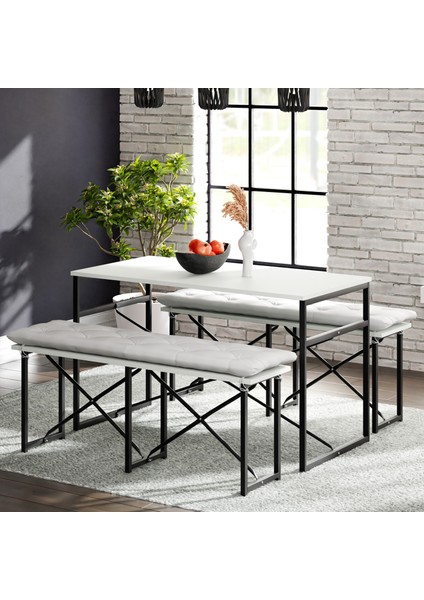 Masa Takımı Minderli Bench Bank Masa Seti 120X60 Masa Mutfak Masası Yemek Masası Beyaz 1555