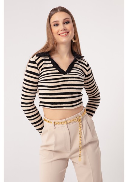 Kadın Bej Çizgili Örme Kazak fiyatları