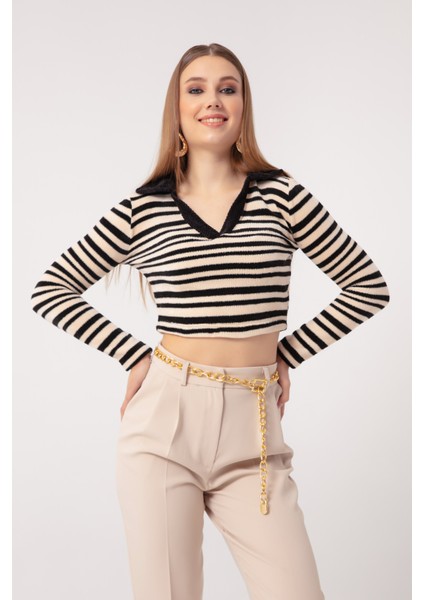 Kadın Bej Çizgili Örme Kazak modelleri