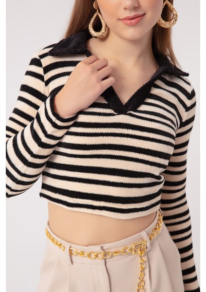 Kadın Bej Çizgili Örme Kazak fırsatları